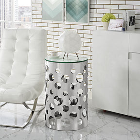 Modway Furniture Modern Etch Stainless Steel Glass Top Side Table in Silver EEI-2107-SLV-Minimal & Modern