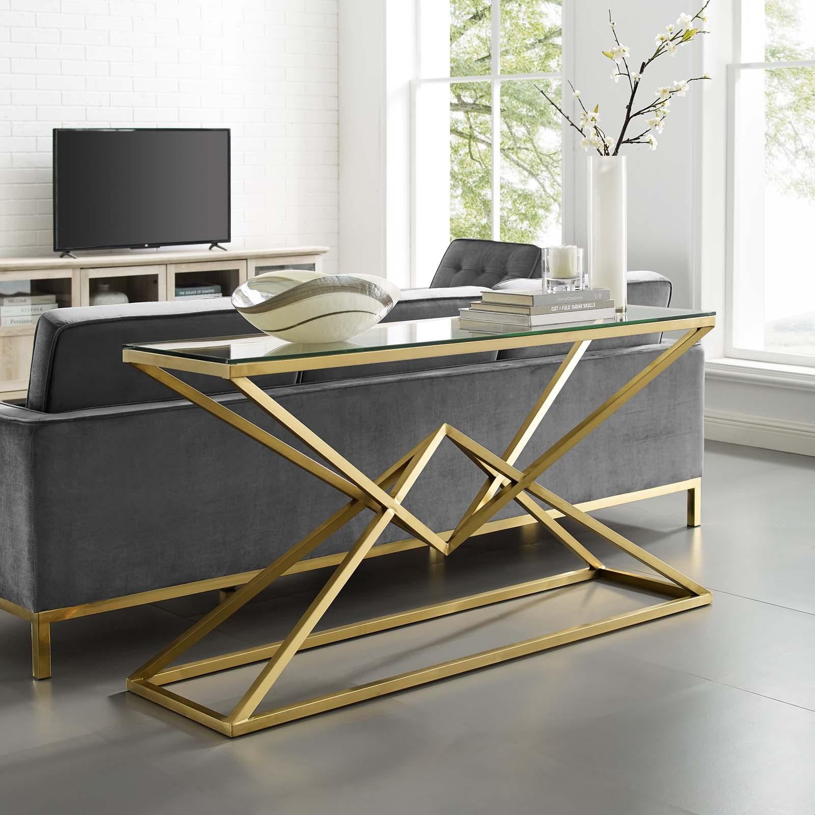 Modway Furniture Modern Point 59" Brushed Gold Metal Stainless Steel Console Table - EEI-3613