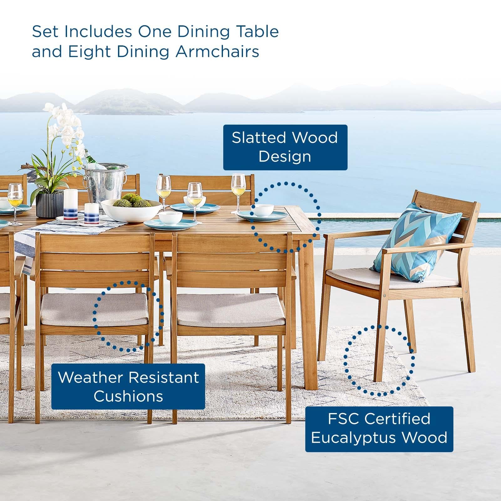 Modway Furniture Modern Viewscape 9 Piece Outdoor Patio Ash Wood Dining Set - EEI-3838