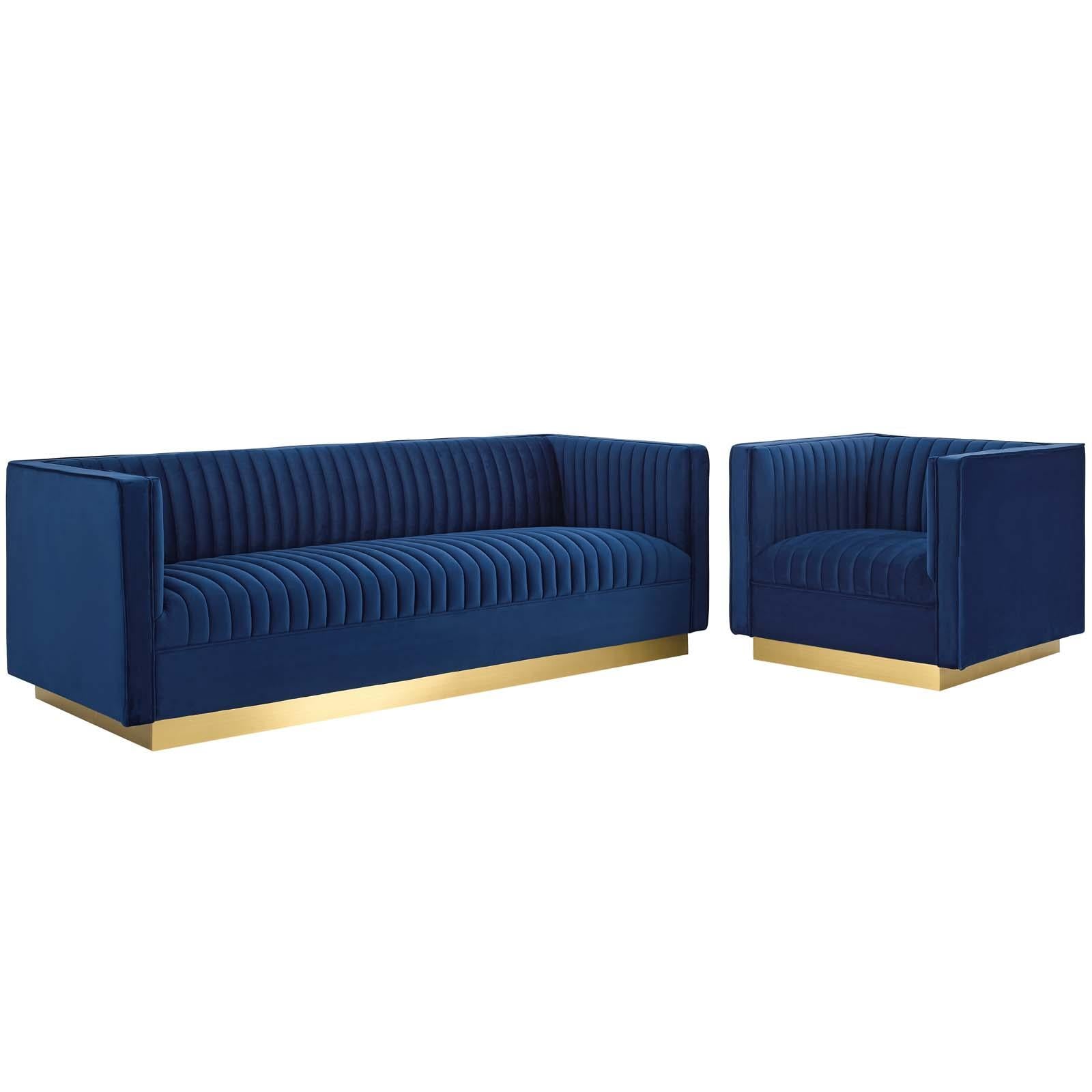 Modway Furniture Modern Sanguine Vertical Channel Tufted Upholstered Performance Velvet Sofa and Armchair Set - EEI-4143