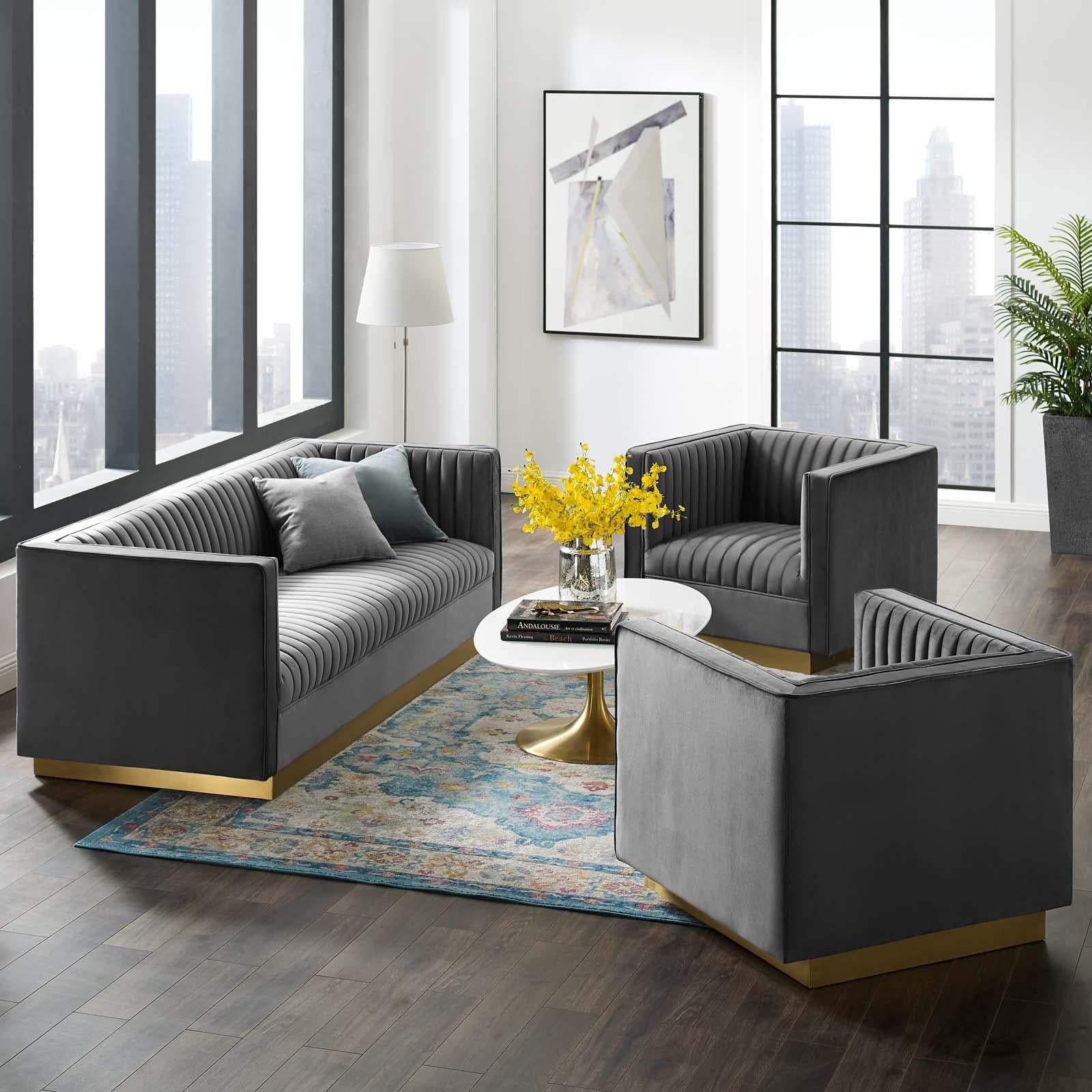Modway Furniture Modern Sanguine 3 Piece Vertical Channel Tufted Upholstered Performance Velvet Set - EEI-4144