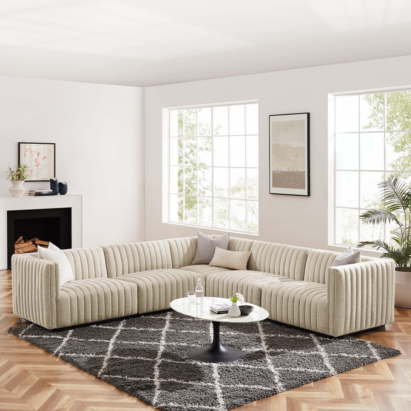 Modway Furniture Modern Conjure Channel Tufted Upholstered Fabric 5-Piece L-Shaped Sectional - EEI-5794