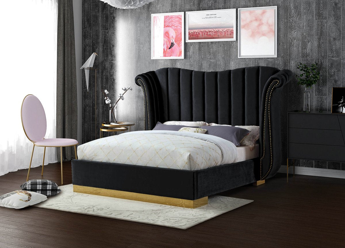 Meridian Furniture Flora Black Velvet Queen Bed (3 Boxes)