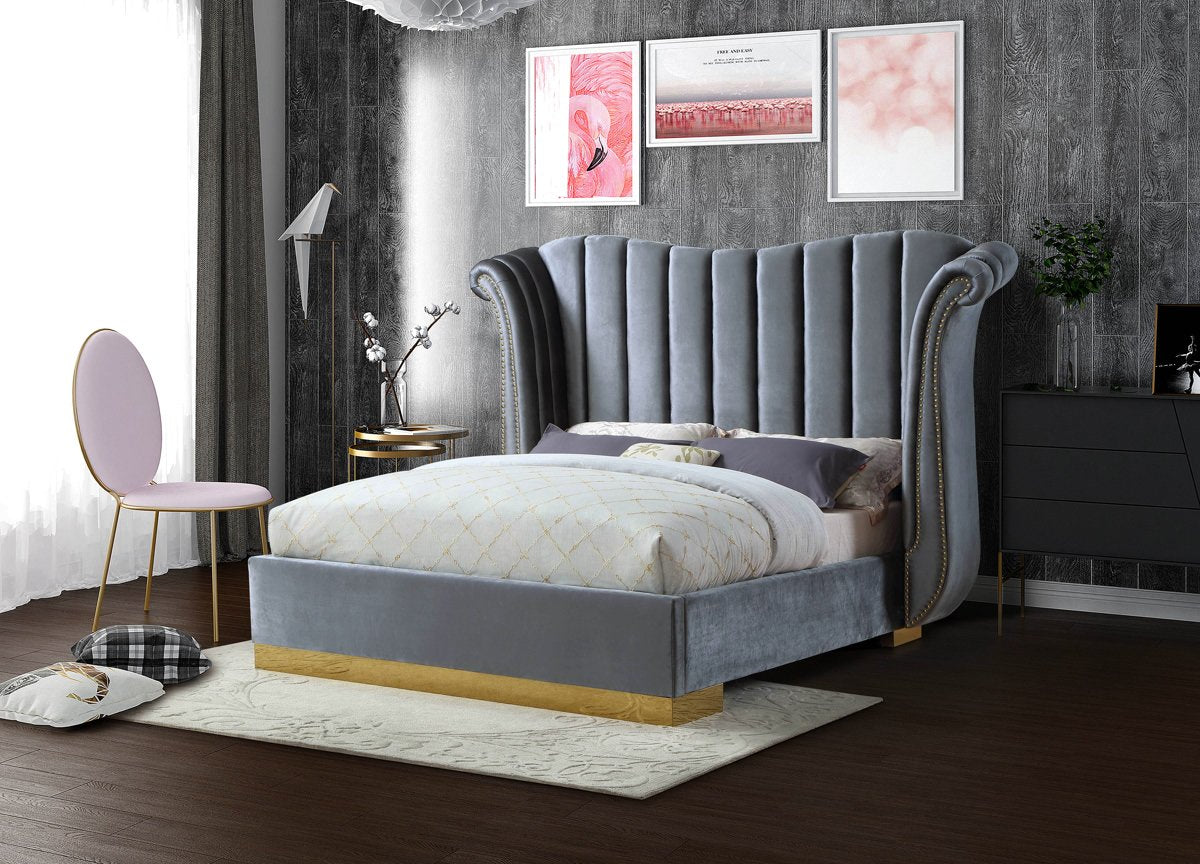 Meridian Furniture Flora Grey Velvet King Bed (3 Boxes)