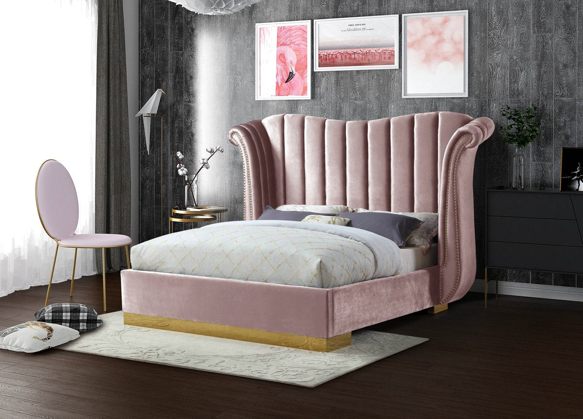 Meridian Furniture Flora Pink Velvet King Bed (3 Boxes)