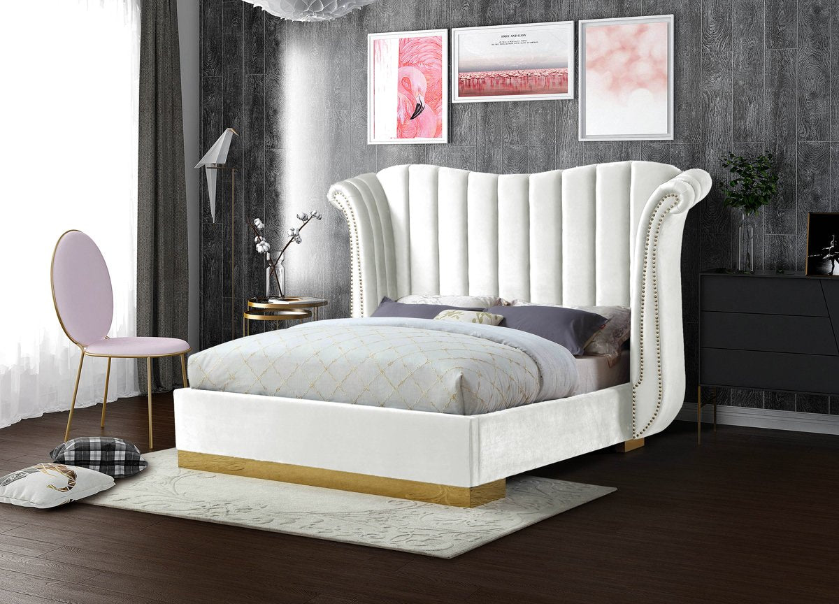 Meridian Furniture Flora White Velvet Queen Bed (3 Boxes)