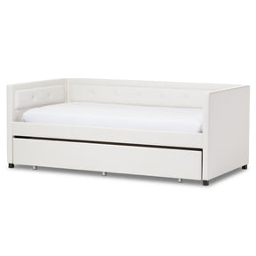 Baxton Studio Frank Modern and Contemporary White Faux Leather Button-Tufting Sofa Twin Daybed with Roll-Out Trundle Guest Bed Baxton Studio-daybed-Minimal And Modern - 1