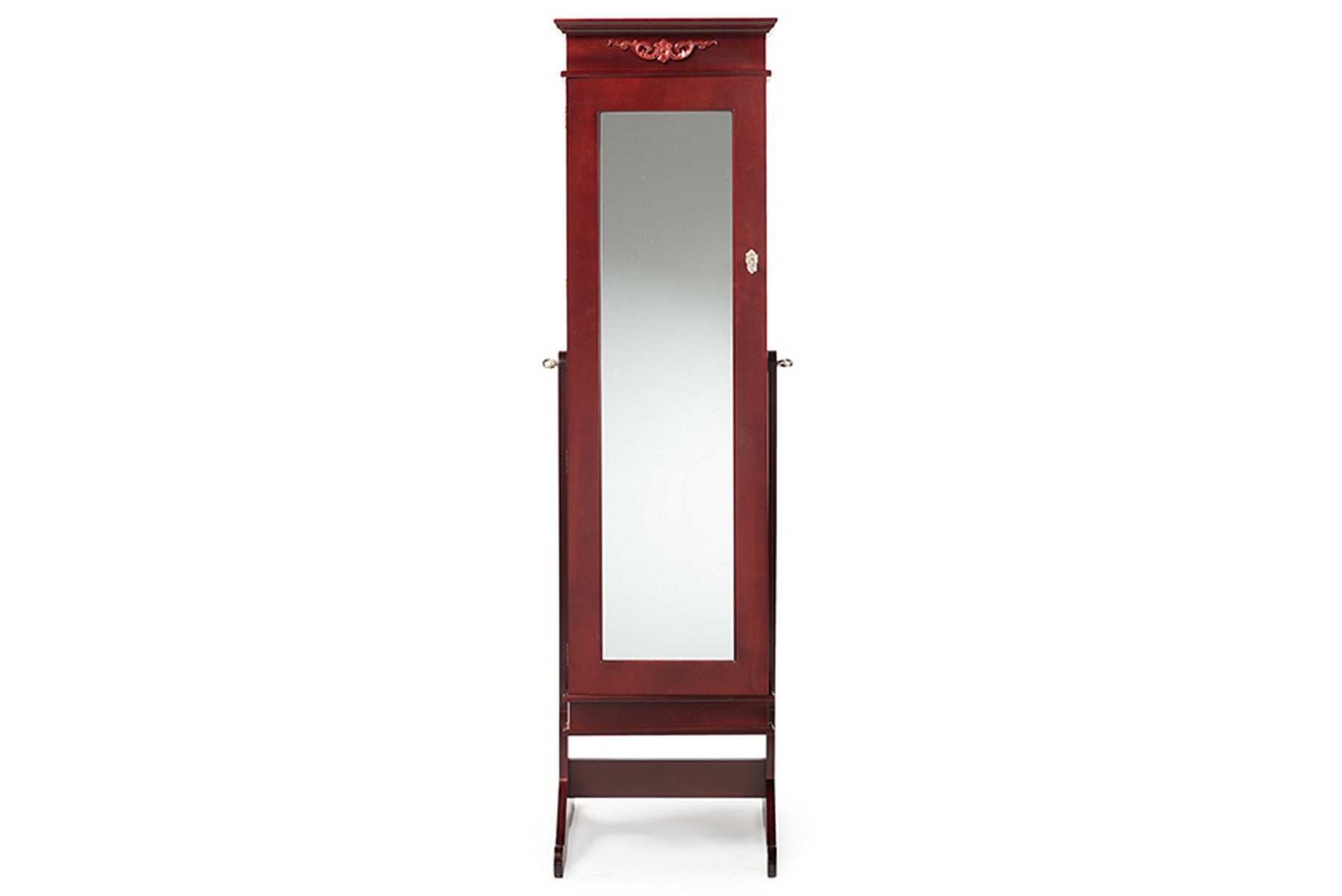 Baxton Studio Bimini Brown Finish Wood Crown Molding Top Free Standing Full Length Cheval Mirror Jewelry Armoire Baxton Studio-Decorative Accessories-Armoire-Minimal And Modern - 1