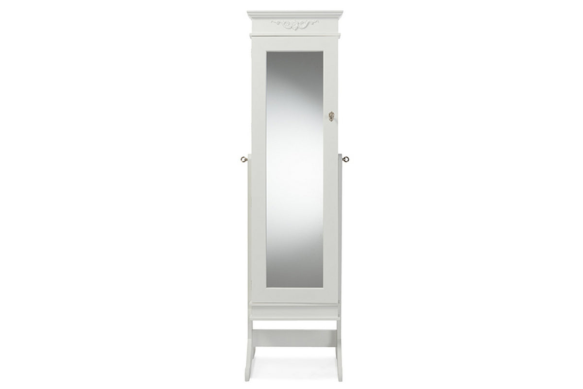 Baxton Studio Bimini White Finish Wood Crown Molding Top Free Standing Full Length Cheval Mirror Jewelry Armoire Baxton Studio-Decorative Accessories-Armoire-Minimal And Modern - 1
