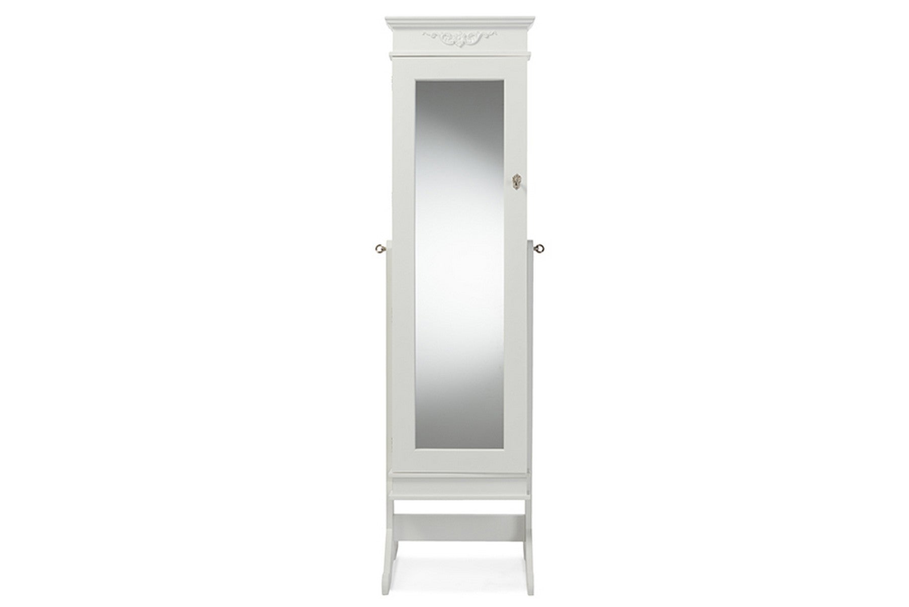 Baxton Studio Bimini White Finish Wood Crown Molding Top Free Standing Full Length Cheval Mirror Jewelry Armoire Baxton Studio-Decorative Accessories-Armoire-Minimal And Modern - 1