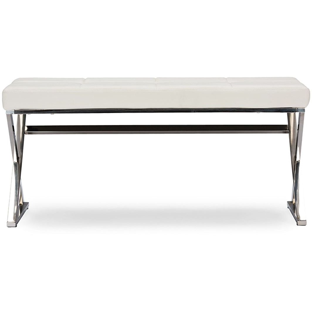 Baxton Studio Herald Modern and Contemporary Stainless Steel and White Faux Leather Upholstered Rectangle Bench Baxton Studio-benches-Minimal And Modern - 1