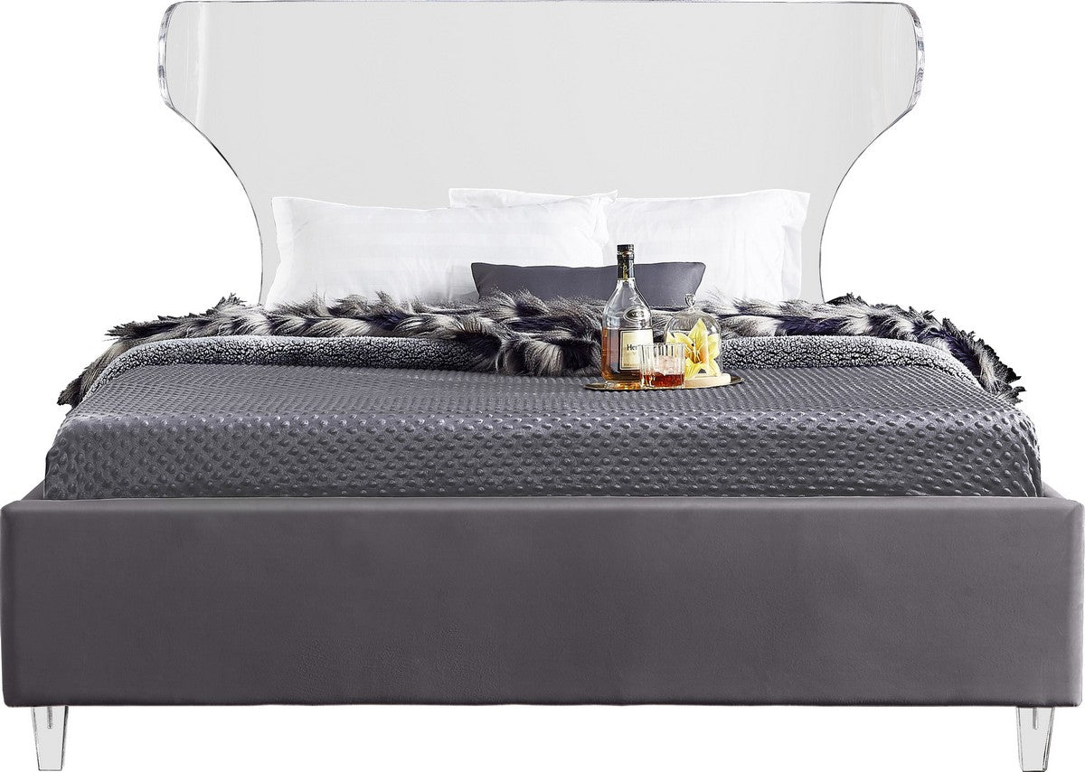 Meridian Furniture Ghost Grey Velvet Queen Bed