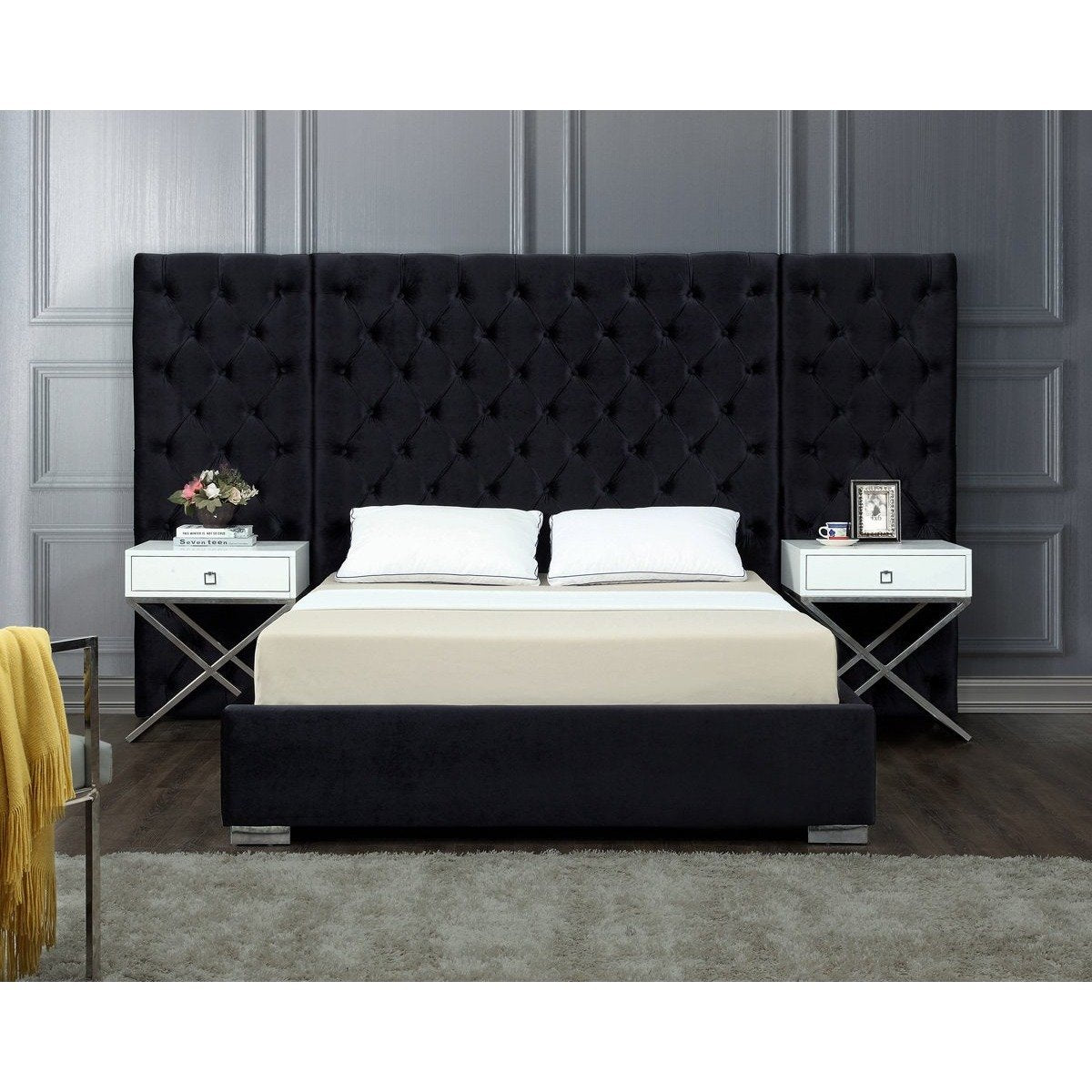 Meridian Furniture Grande Black Velvet King Bed (3 Boxes)