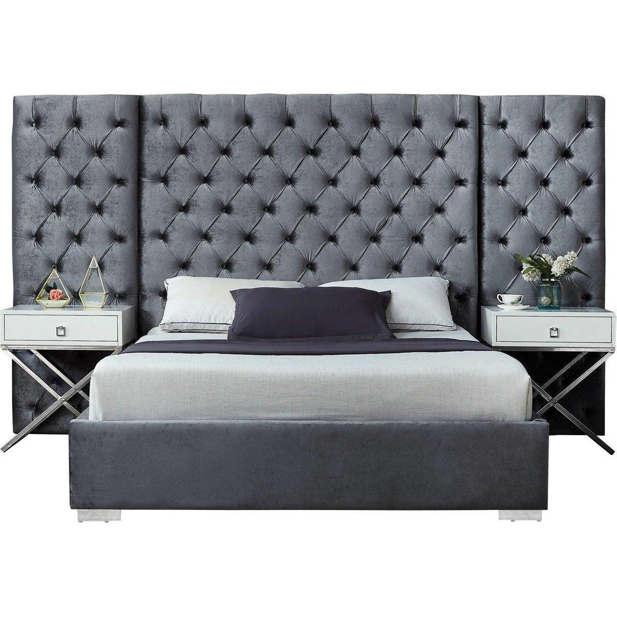 Meridian Furniture Grande Grey Velvet Queen Bed (3 Boxes)Meridian Furniture - Queen Bed (3 Boxes) - Minimal And Modern - 1