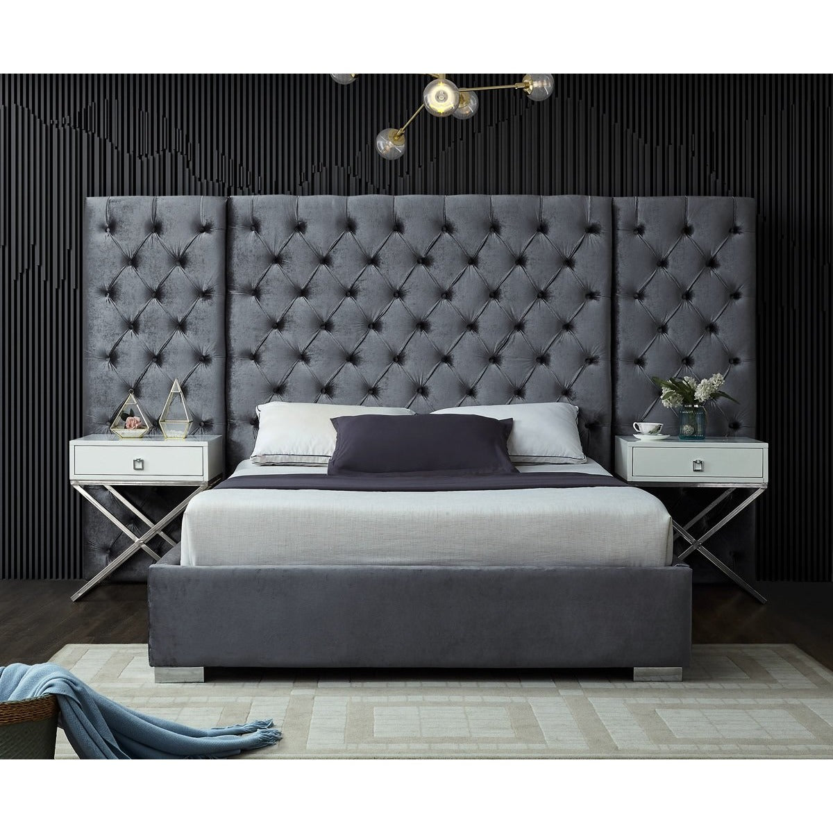 Meridian Furniture Grande Grey Velvet Queen Bed-Minimal & Modern