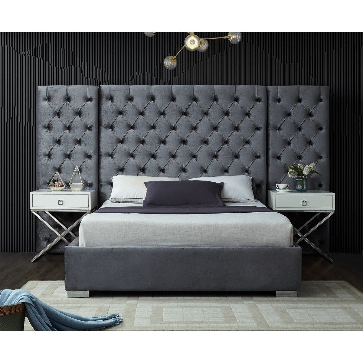 Meridian Furniture Grande Grey Velvet Queen Bed (3 Boxes)