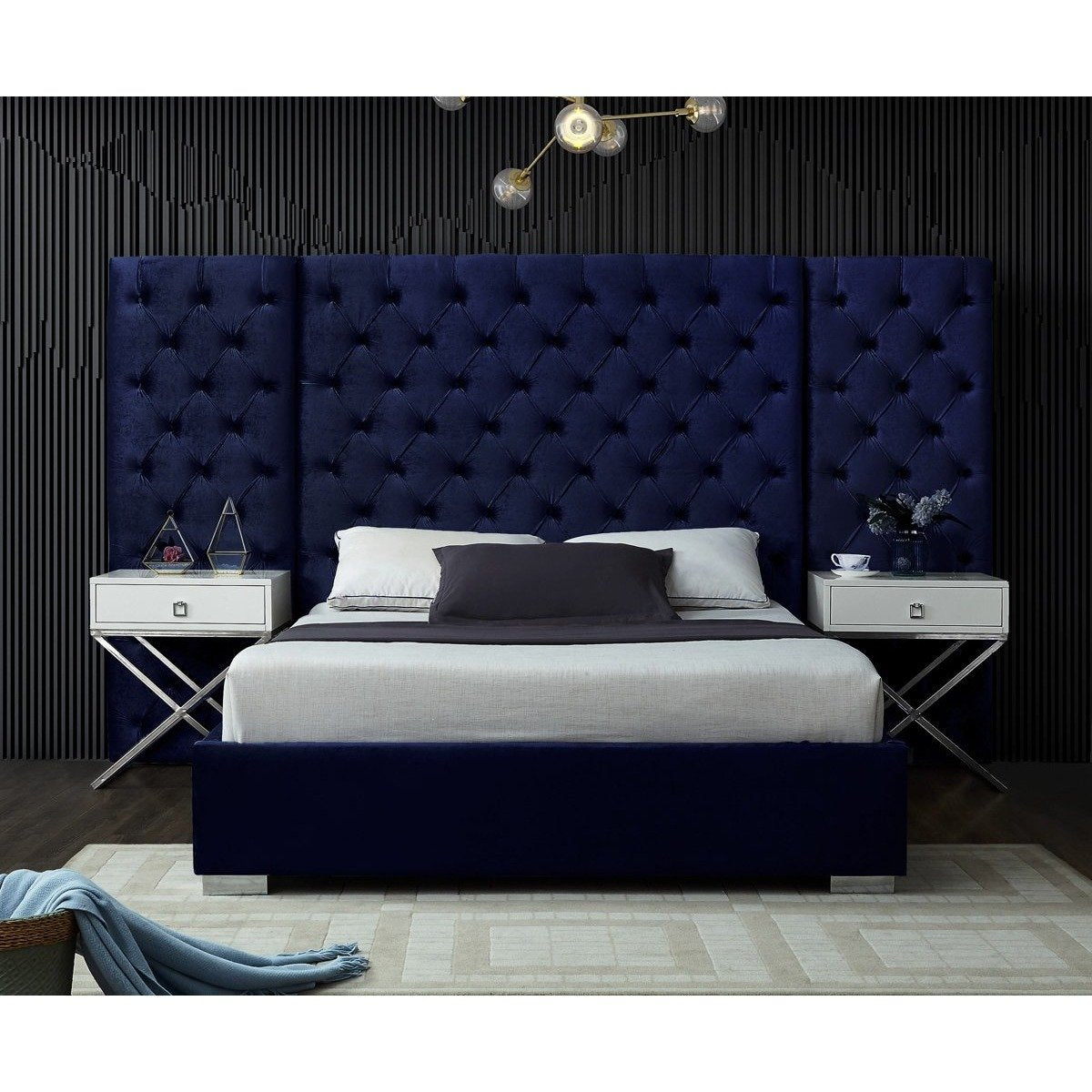 Meridian Furniture Grande Navy Velvet Queen Bed (3 Boxes)