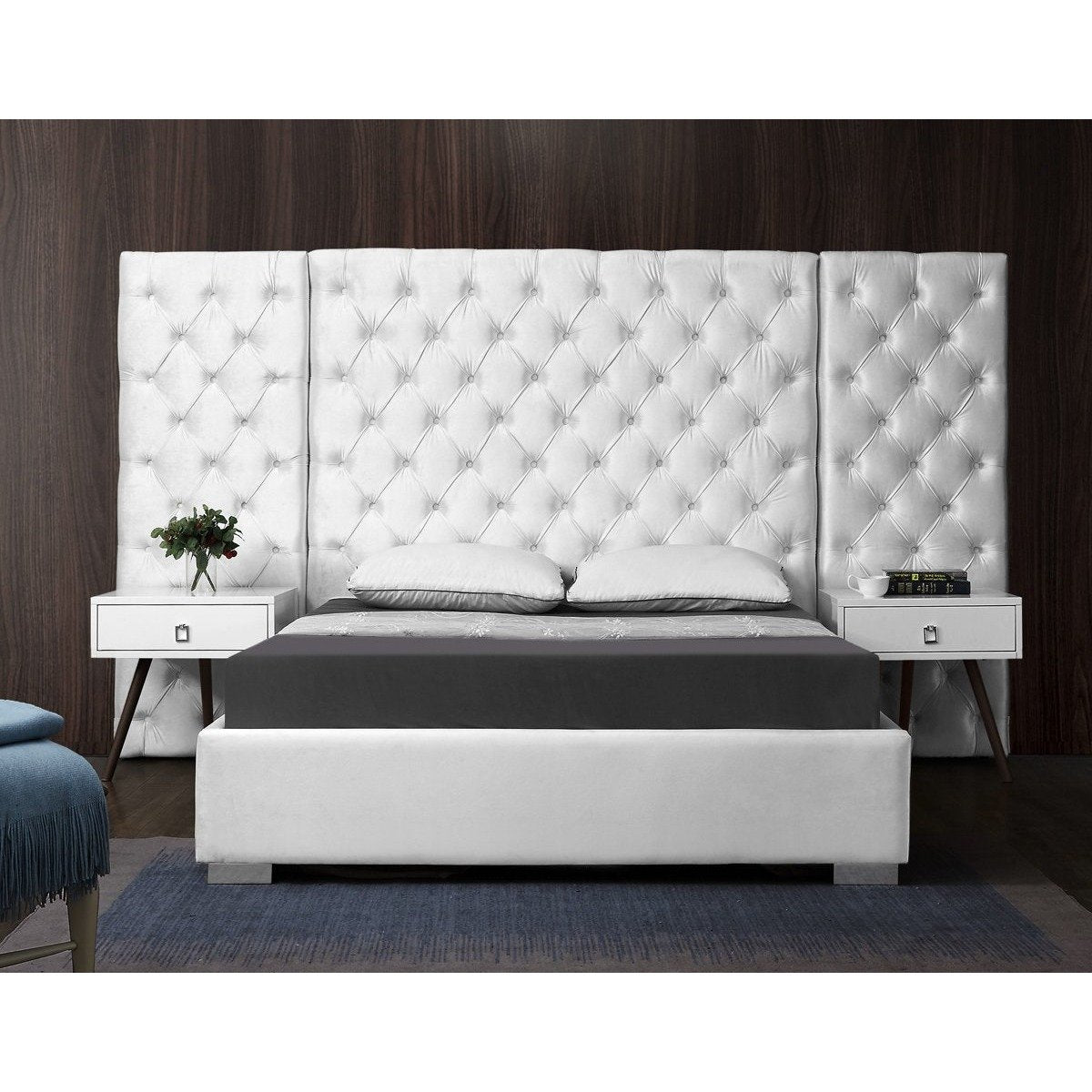Meridian Furniture Grande White Velvet Queen Bed (3 Boxes)