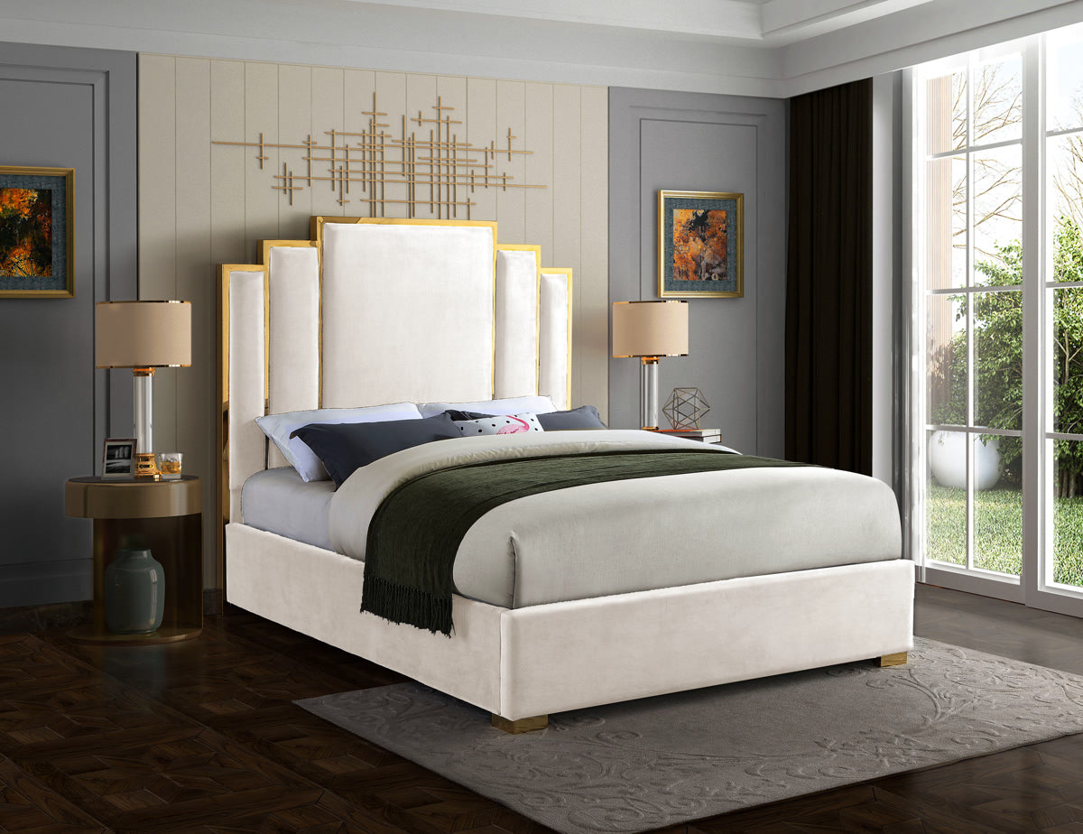 Meridian Furniture Hugo Cream Velvet Queen Bed