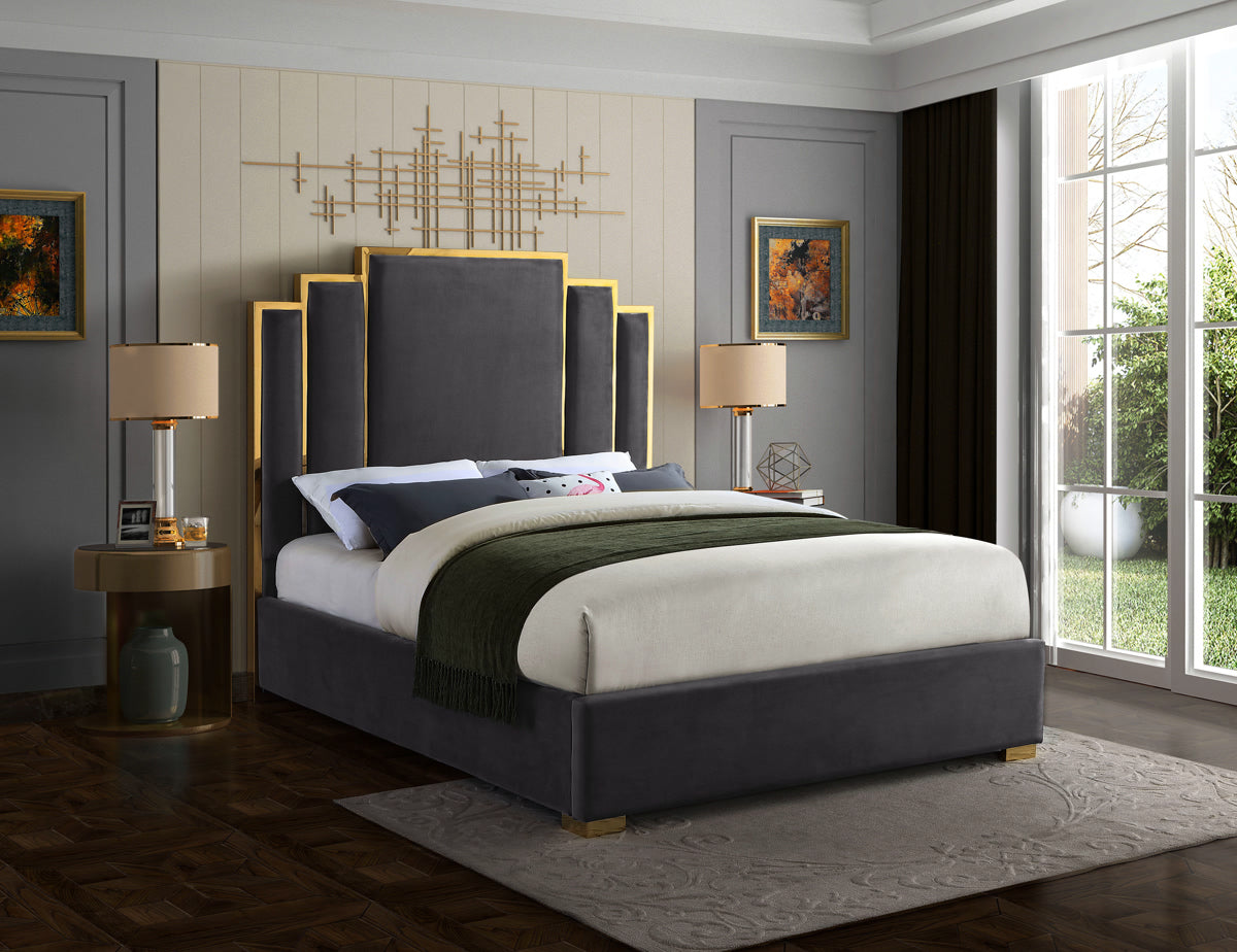 Meridian Furniture Hugo Grey Velvet Queen Bed