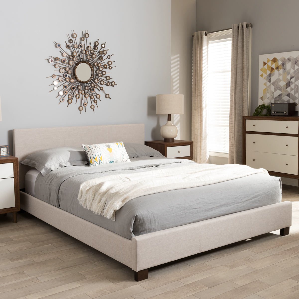 Baxton Studio Elizabeth Modern and Contemporary Beige Fabric Upholstered Panel-Stitched Full Size Platform Bed Baxton Studio-Full Bed-Minimal And Modern - 1