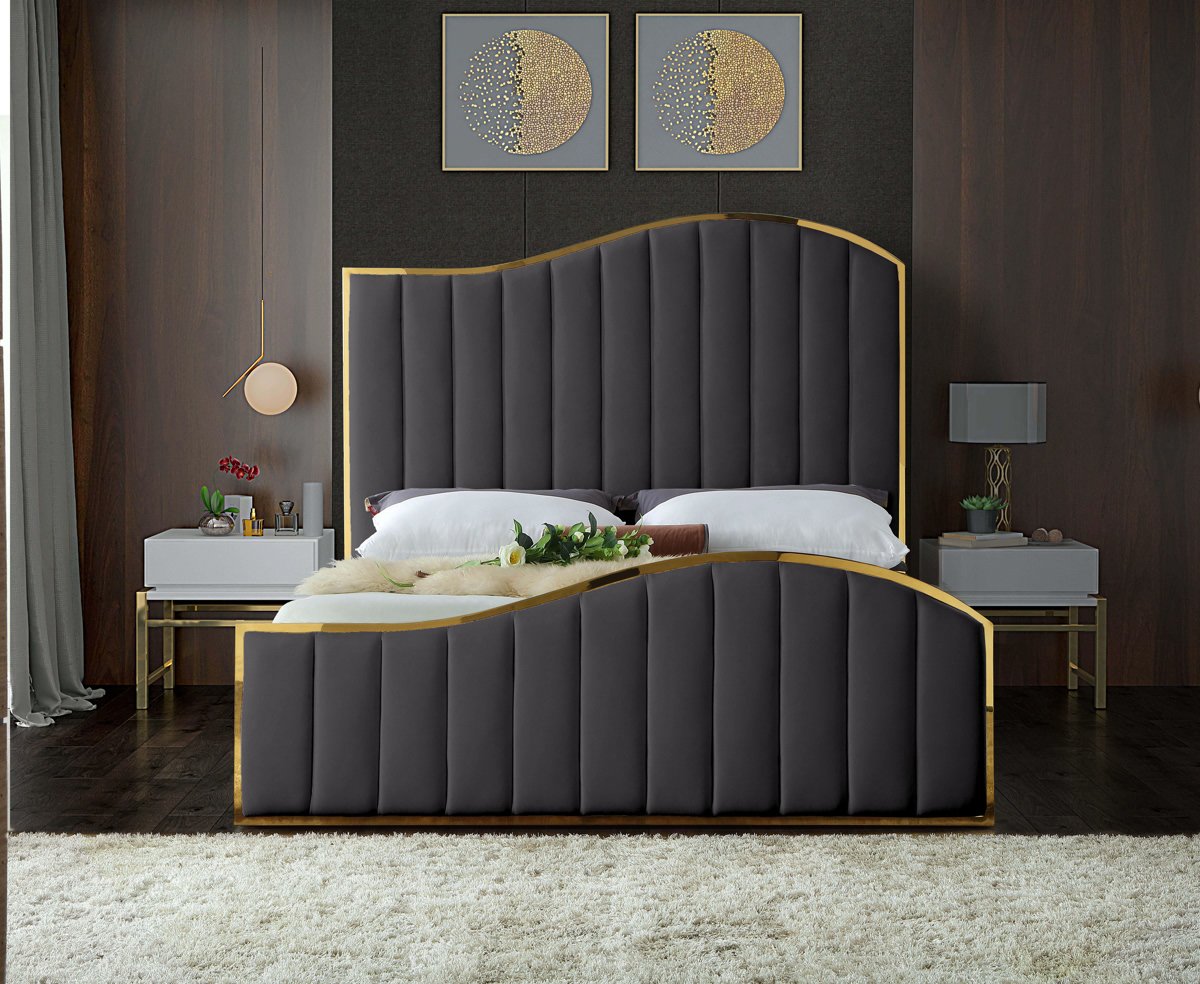 Meridian Furniture Jolie Grey Velvet King Bed (3 Boxes)