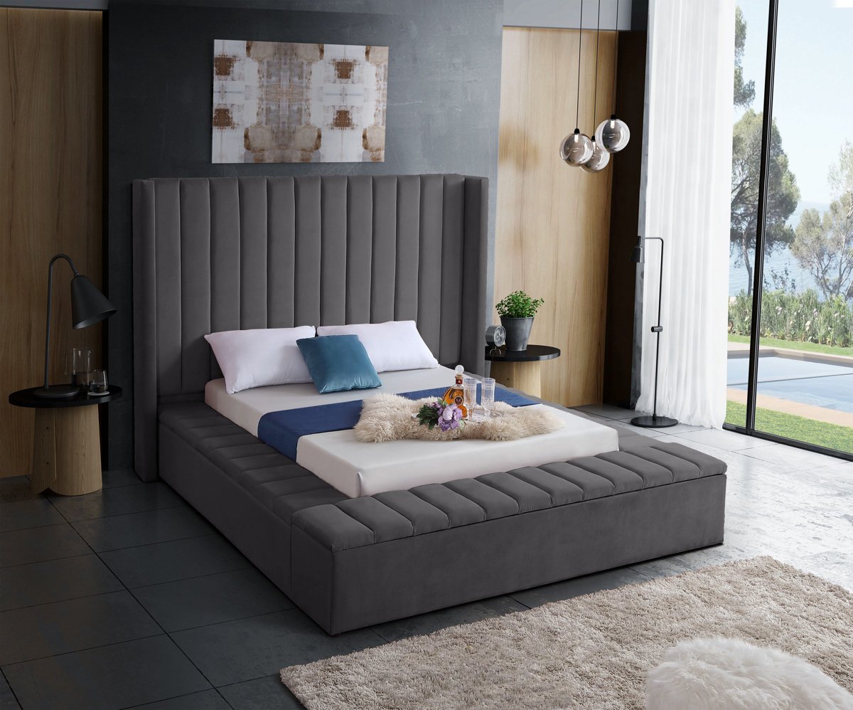 Meridian Furniture Kiki Grey Velvet King Bed (3 Boxes)