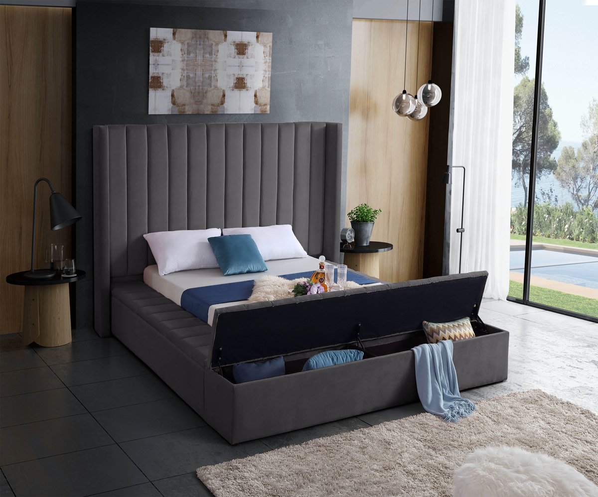 Meridian Furniture Kiki Grey Velvet Queen Bed (3 Boxes)