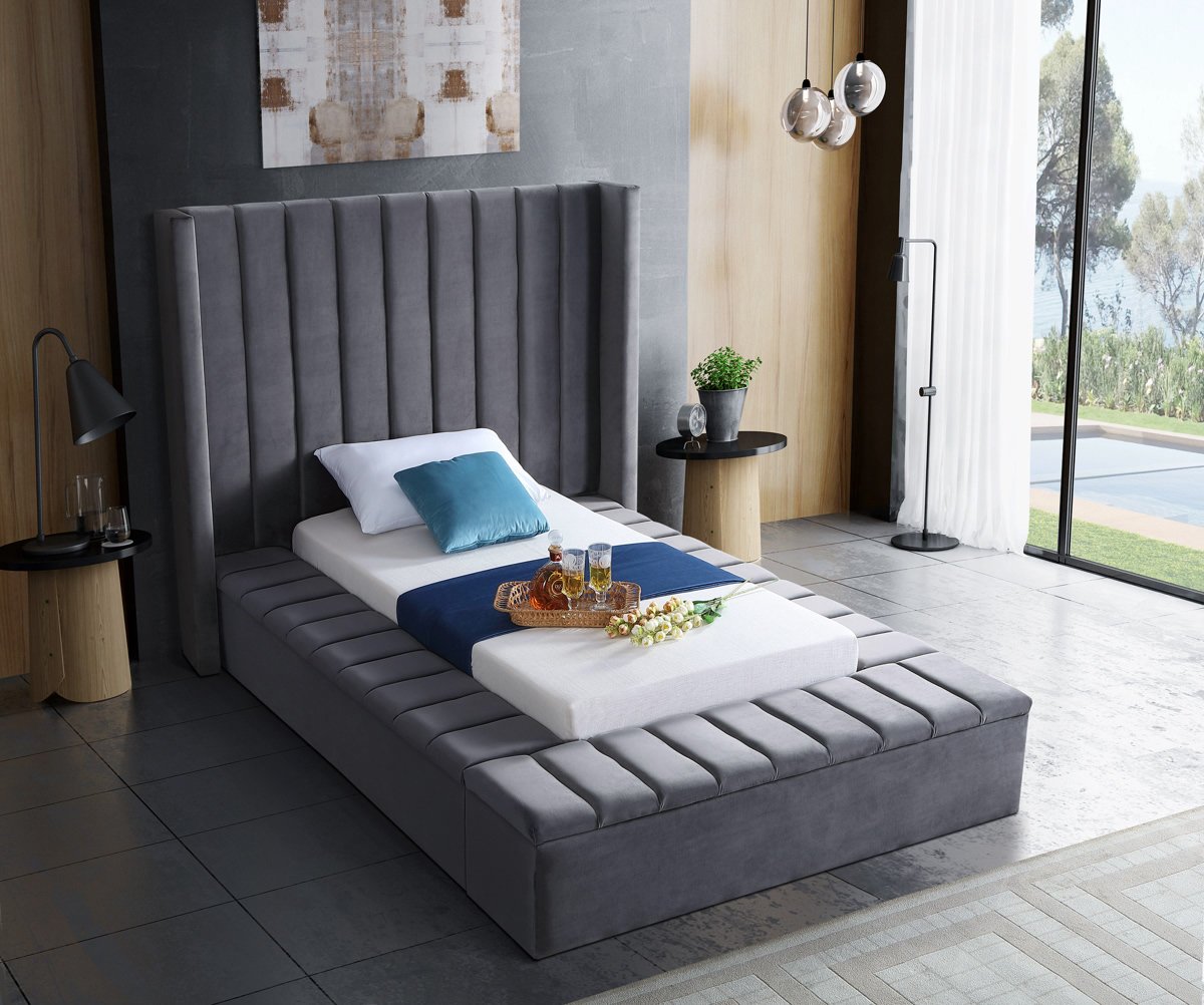 Meridian Furniture Kiki Grey Velvet Twin Bed (3 Boxes)