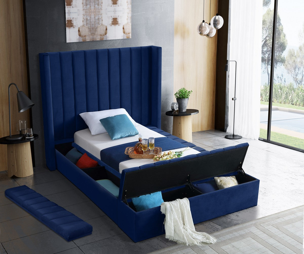 Meridian Furniture Kiki Navy Velvet Twin Bed (3 Boxes)