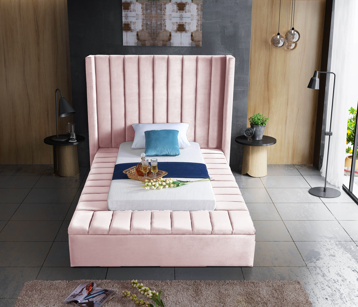 Meridian Furniture Kiki Pink Velvet Twin Bed