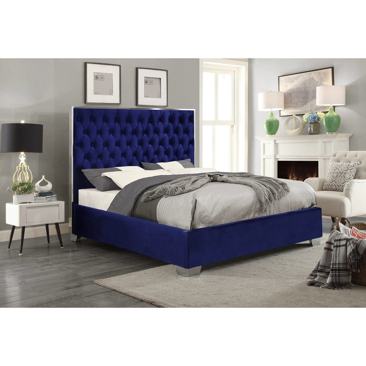 Meridian Furniture Lexi Navy Velvet Queen Bed-Minimal & Modern