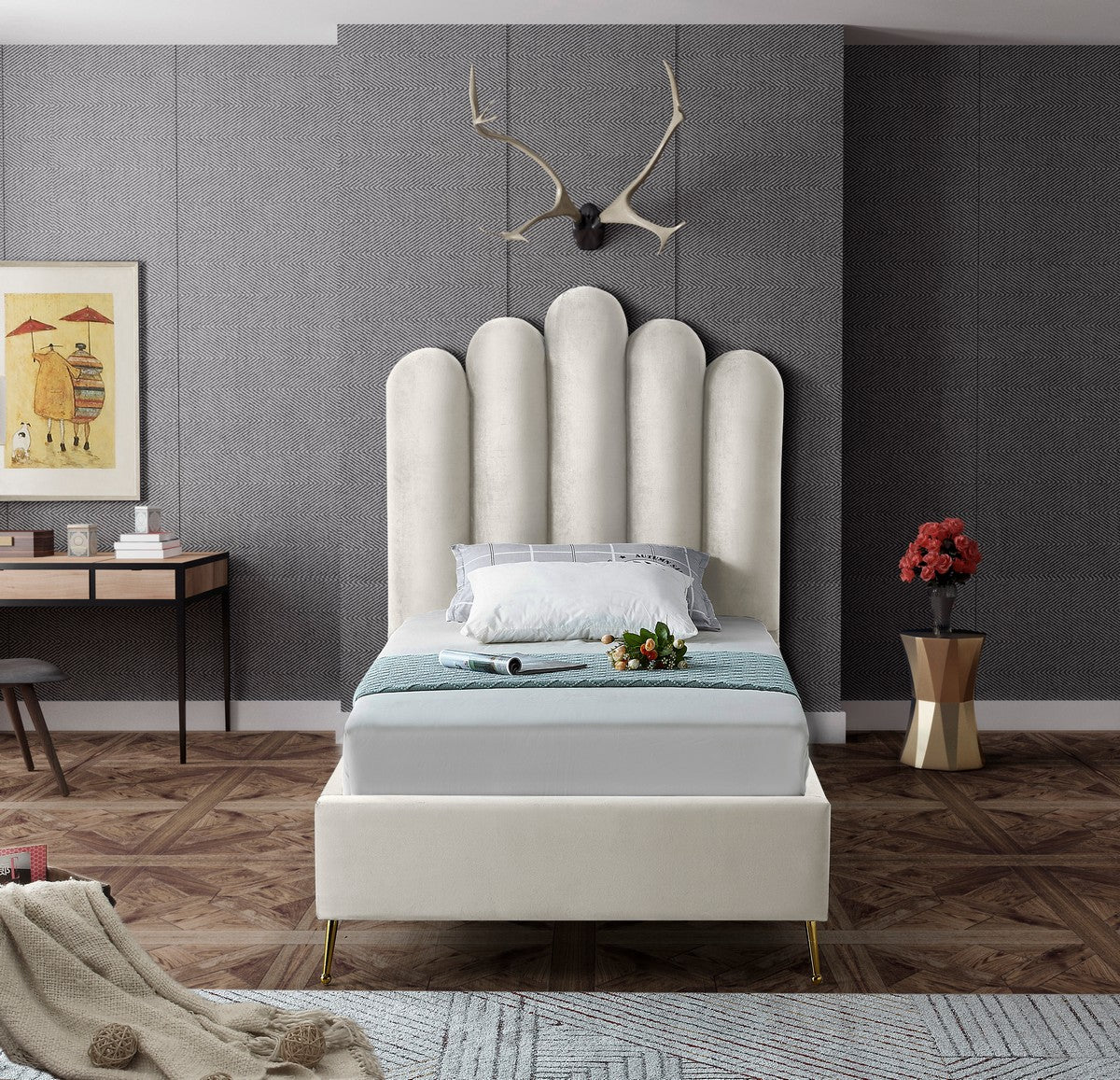 Meridian Furniture Lily Cream Velvet Twin Bed