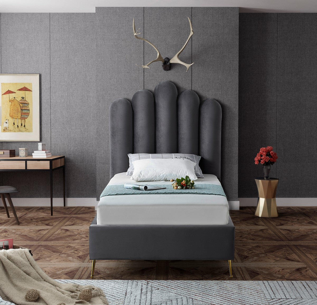 Meridian Furniture Lily Grey Velvet Twin Bed