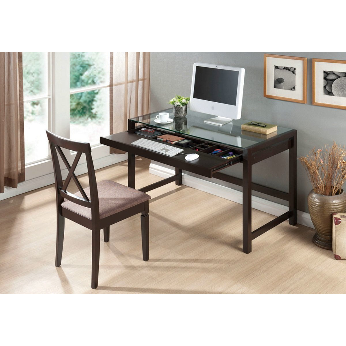 Baxton Studio Idabel Dark Brown Wood Modern Desk with Glass Top Baxton Studio-Desks-Minimal And Modern - 1