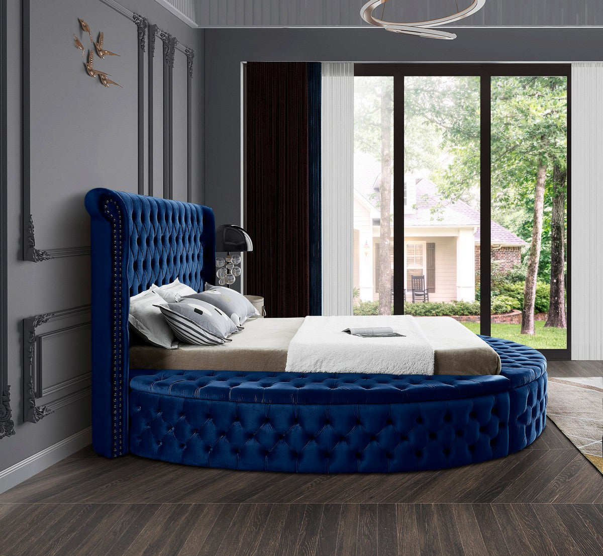 Meridian Furniture Luxus Navy Velvet Queen Bed (3 Boxes)