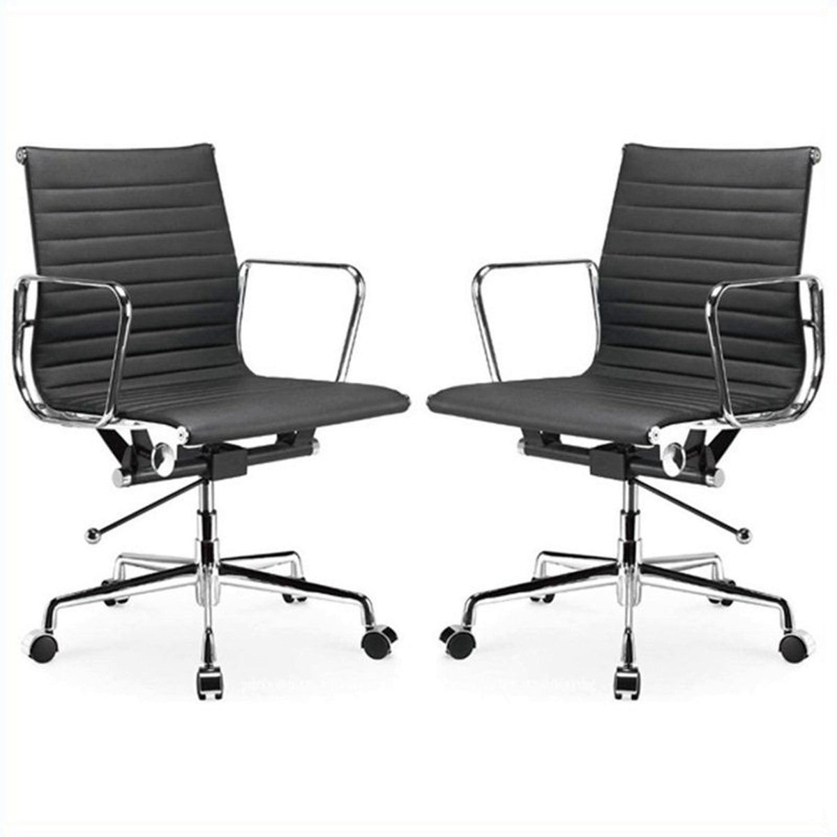 Manhattan Comfort Ellwood Mid-Back Adjustable Office Chair in Black - Set of 2-Minimal & Modern