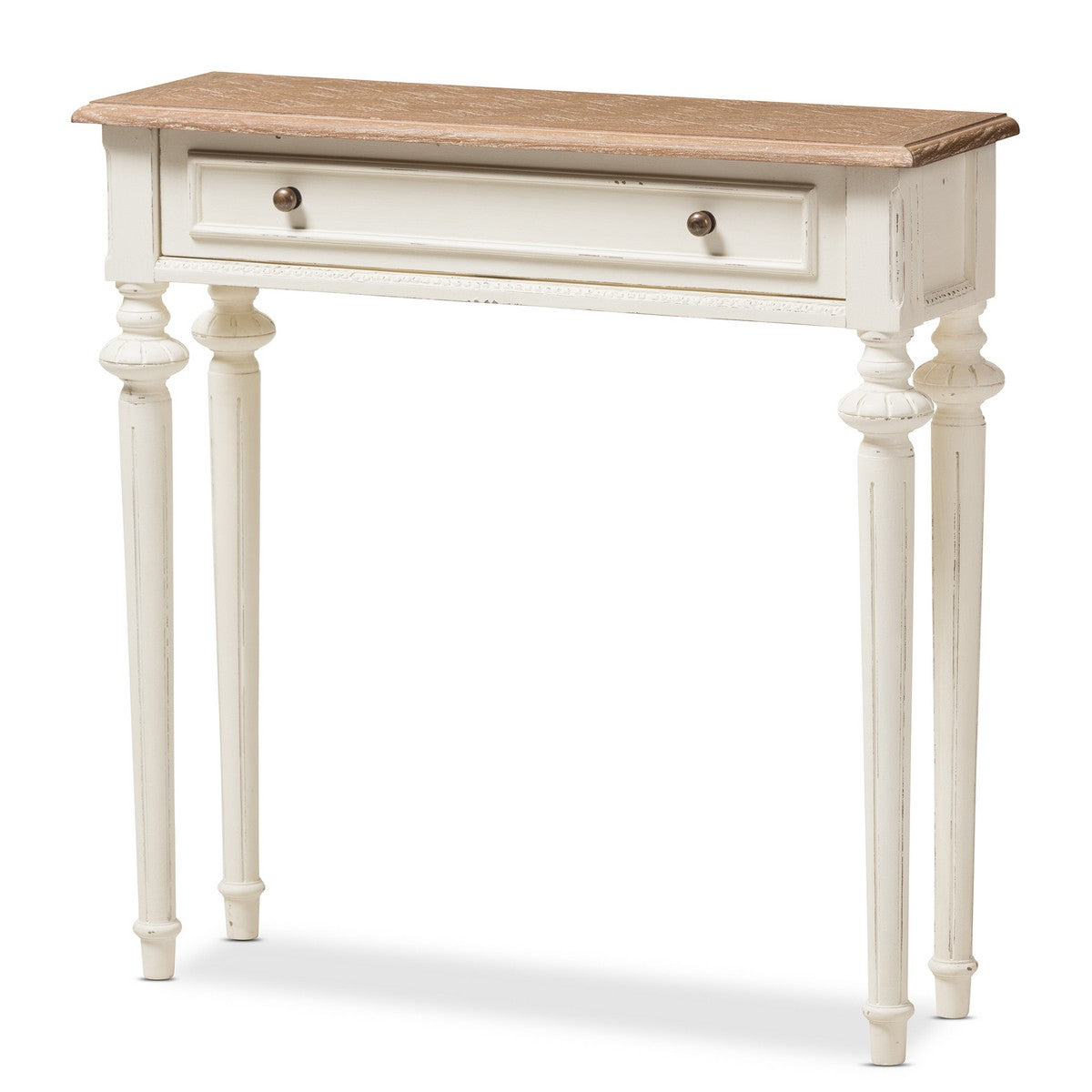 Baxton Studio Marquetterie French Provincial Style Weathered Oak and White Wash Distressed Finish Wood Two-Tone Console Table Baxton Studio-side tables-Minimal And Modern - 1