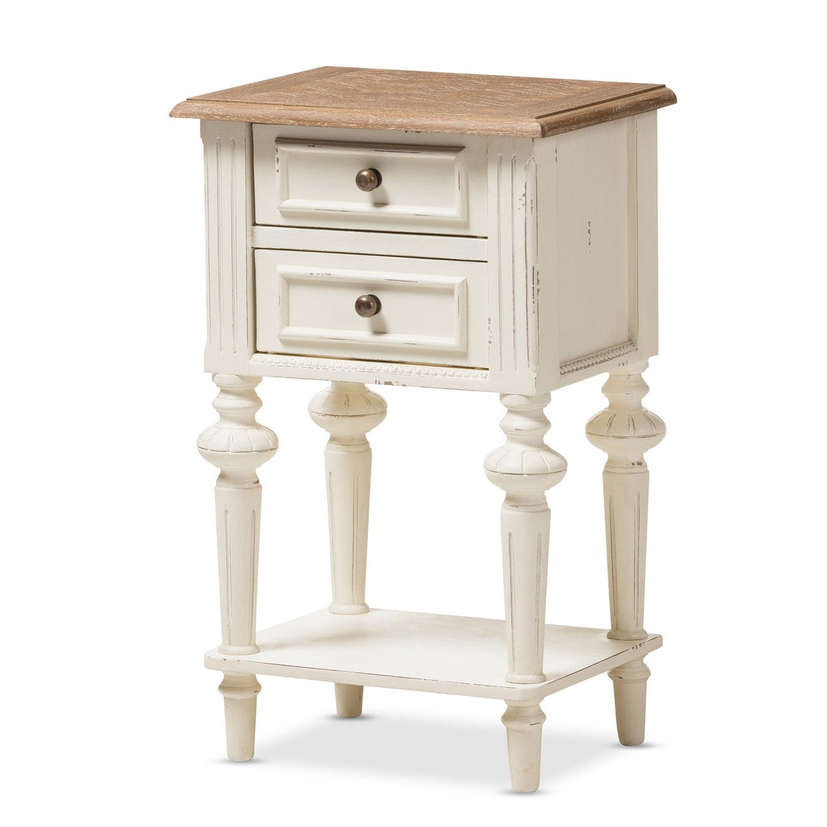 Baxton Studio Marquetterie French Provincial Style Weathered Oak and White Wash Distressed Finish Wood Two-Tone 2-Drawer and 1-Shelf Nightstand Baxton Studio-nightstands-Minimal And Modern - 1