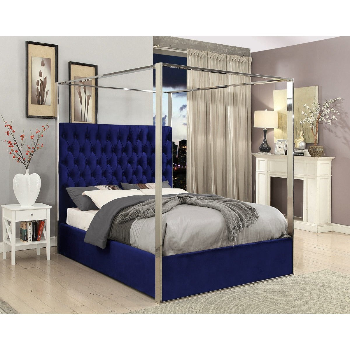 Meridian Furniture Porter Navy Velvet Queen Bed-Minimal & Modern