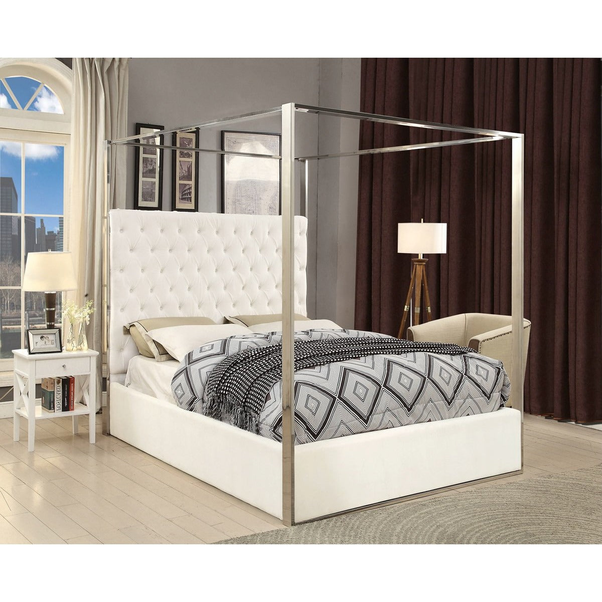 Meridian Furniture Porter White Velvet Queen Bed-Minimal & Modern