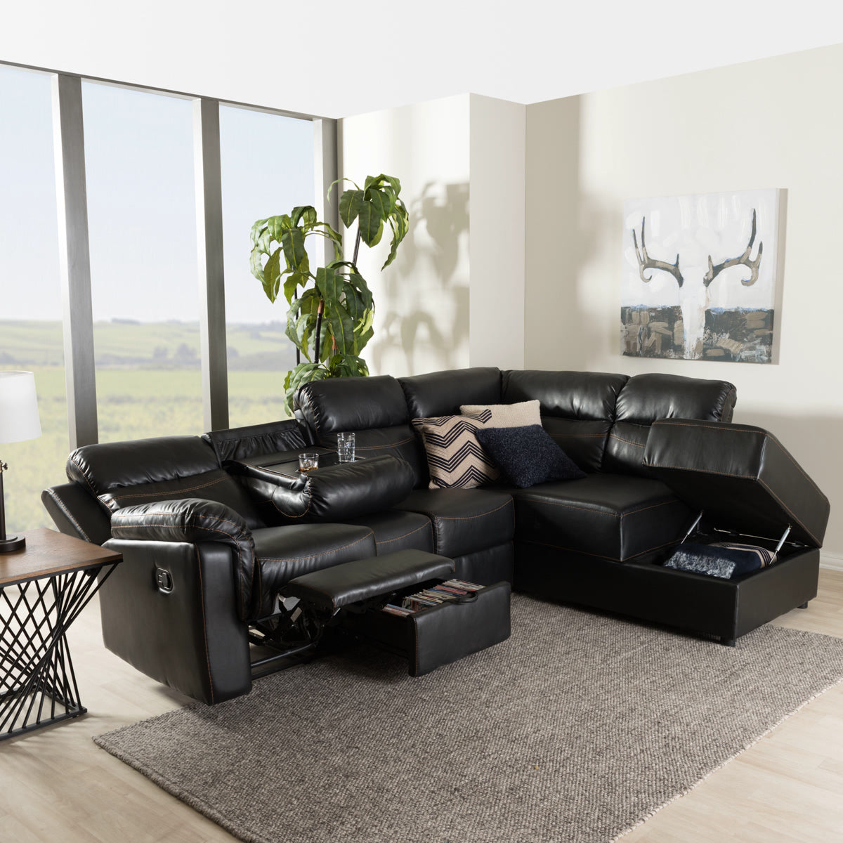 Baxton Studio Roland Modern and Contemporary Black Faux Leather 2-Piece Sectional with Recliner and Storage Chaise Baxton Studio-sectionals-Minimal And Modern - 10