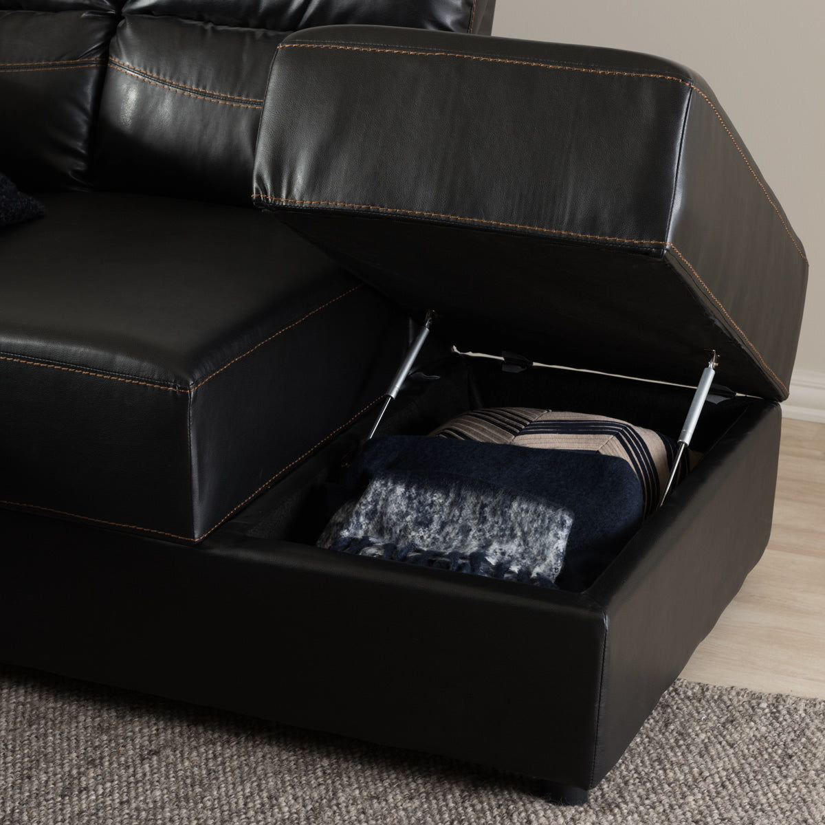 Baxton Studio Roland Modern and Contemporary Black Faux Leather 2-Piece Sectional with Recliner and Storage Chaise Baxton Studio-sectionals-Minimal And Modern - 12