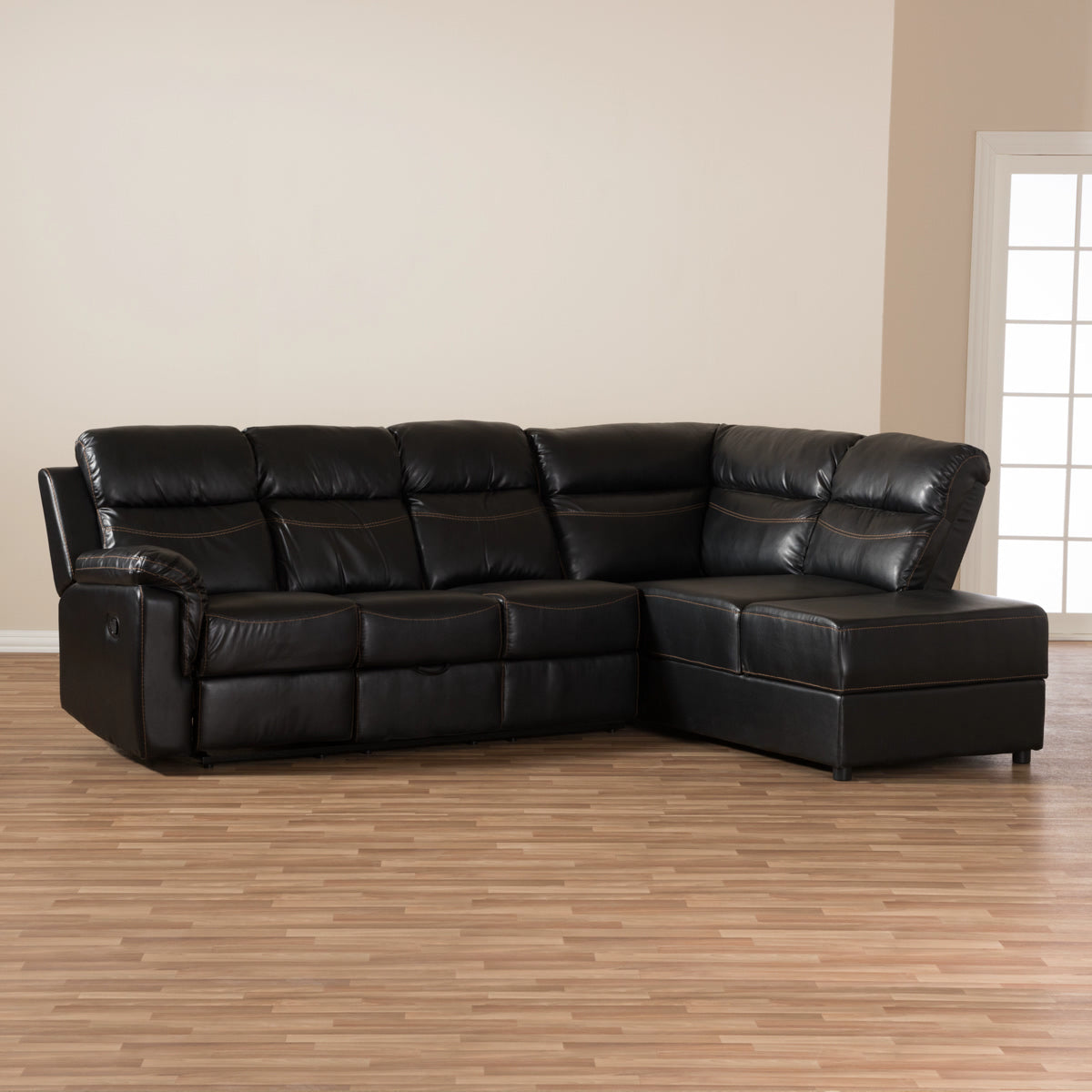 Baxton Studio Roland Modern and Contemporary Black Faux Leather 2-Piece Sectional with Recliner and Storage Chaise Baxton Studio-sectionals-Minimal And Modern - 14