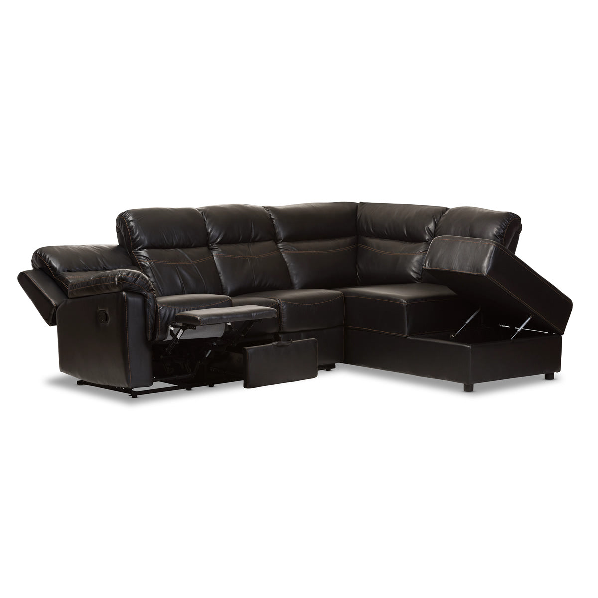 Baxton Studio Roland Modern and Contemporary Black Faux Leather 2-Piece Sectional with Recliner and Storage Chaise Baxton Studio-sectionals-Minimal And Modern - 4