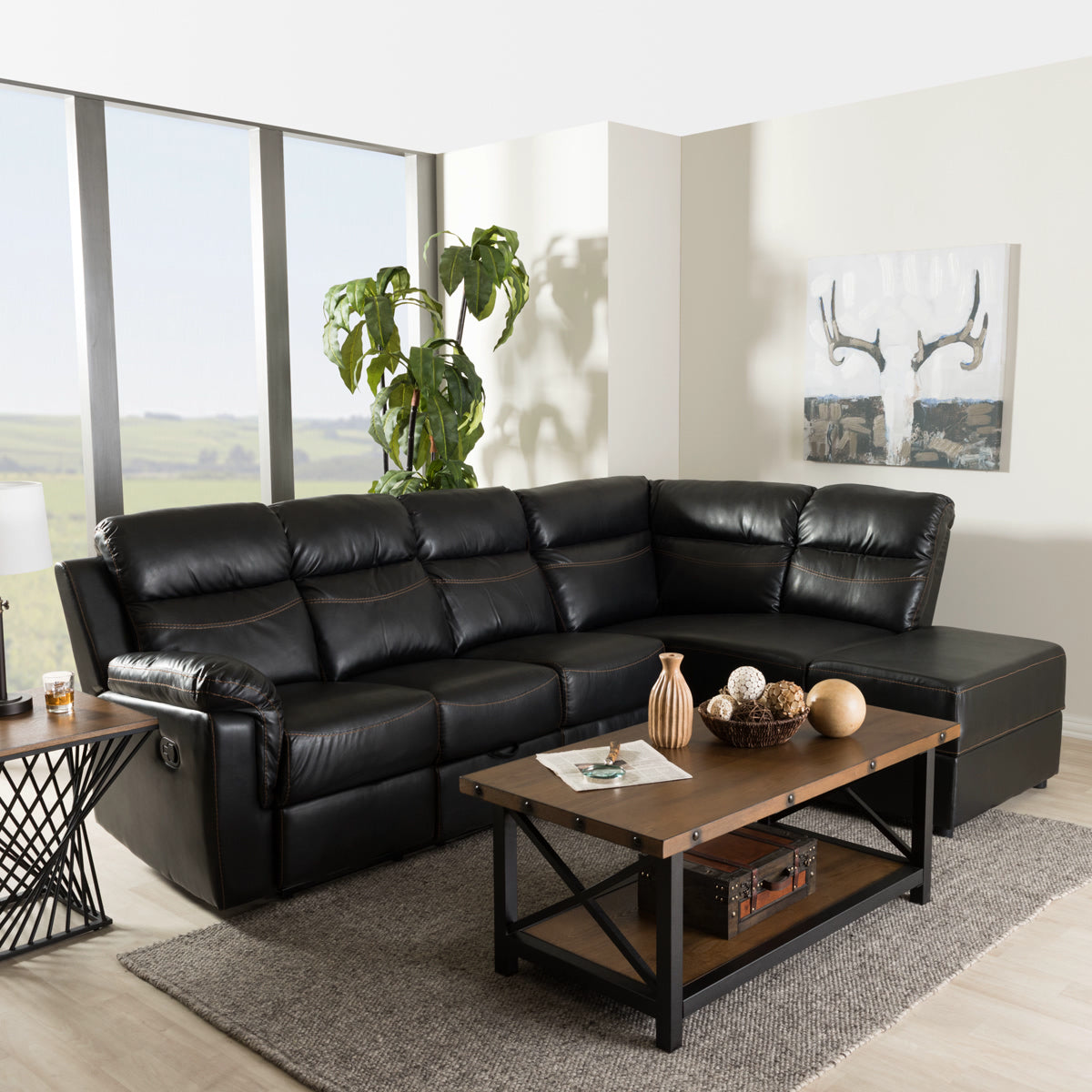 Baxton Studio Roland Modern and Contemporary Black Faux Leather 2-Piece Sectional with Recliner and Storage Chaise Baxton Studio-sectionals-Minimal And Modern - 1