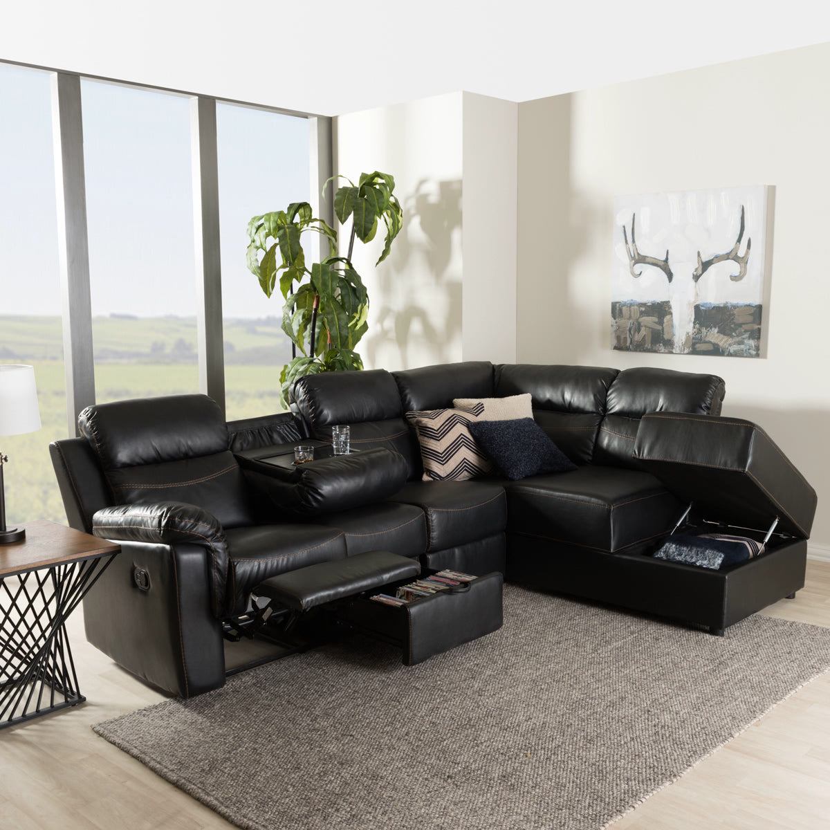 Baxton Studio Roland Modern and Contemporary Black Faux Leather 2-Piece Sectional with Recliner and Storage Chaise Baxton Studio-sectionals-Minimal And Modern - 9