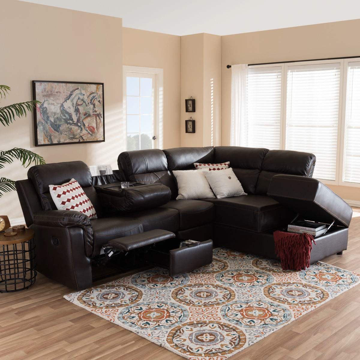 Baxton Studio Roland Modern and Contemporary Dark Brown Faux Leather 2-Piece Sectional with Recliner and Storage Chaise Baxton Studio-sectionals-Minimal And Modern - 1