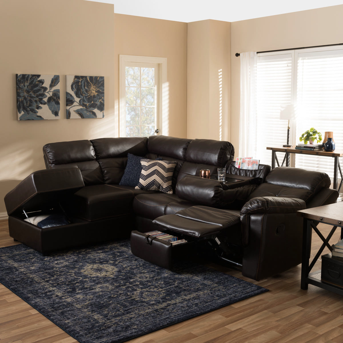 Baxton Studio Roland Modern and Contemporary Dark Brown Faux Leather 2-Piece Sectional with Recliner and Storage Chaise Baxton Studio-sectionals-Minimal And Modern - 11