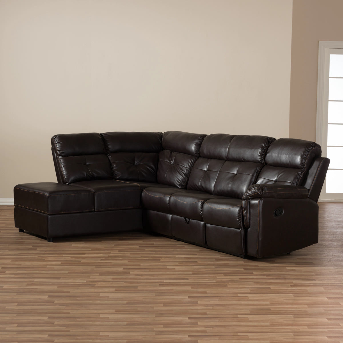 Baxton Studio Roland Modern and Contemporary Dark Brown Faux Leather 2-Piece Sectional with Recliner and Storage Chaise Baxton Studio-sectionals-Minimal And Modern - 15